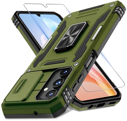 DEERLAMN Case for Samsung Galaxy A15 5G with Slide Camera Cover+Screen Protector (1 Pack), Rotated Ring Kickstand Military Grade Shockproof Protective Cover-Olive Green - color: Olive Green, size: A15 5G-6.5Inch