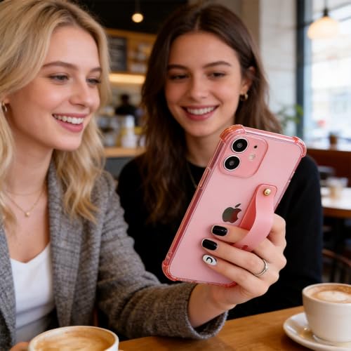 Compatible for iPhone 12 Case with Strap Holder Stand - Pink | Wristband Kickstand, Clear Soft TPU, Adjustable Finger Hand Grip Loop, Shockproof Bumper Rugged Cover - color: Chalk Pink, size: iPhone 12 6.1"