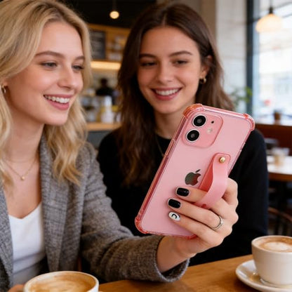 Compatible for iPhone 12 Case with Strap Holder Stand - Pink | Wristband Kickstand, Clear Soft TPU, Adjustable Finger Hand Grip Loop, Shockproof Bumper Rugged Cover - color: Chalk Pink, size: iPhone 12 6.1"
