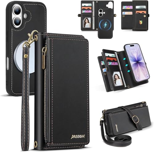 for iPhone 17 Wallet Case, Detachable Magnetic Phone Case,Faux Leather Strap Wallet,with RFID Blocking，Zipper Card Holder，Shoulder Straps(Black) - color: Black, size: iPhone 17