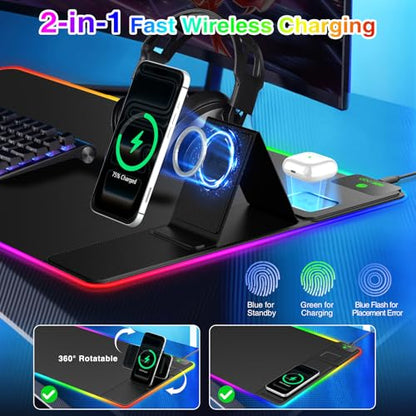 RGB Gaming Mouse Pad with Magnetic Wireless Charging & Foldable Phone Stand - color: RGB-Magnetic Stand-31.5"x15.8"-Right