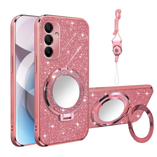 Phone Case for Samsung Galaxy A15 with Ring Holder Kickstand [Mirror & Lanyard], Women Girls Plating Bling Clear Soft Shockproof Cover Magnetic Case for Galaxy A15, Rose Gold - color: Rose Gold, size: Samsung Galaxy A15 5G