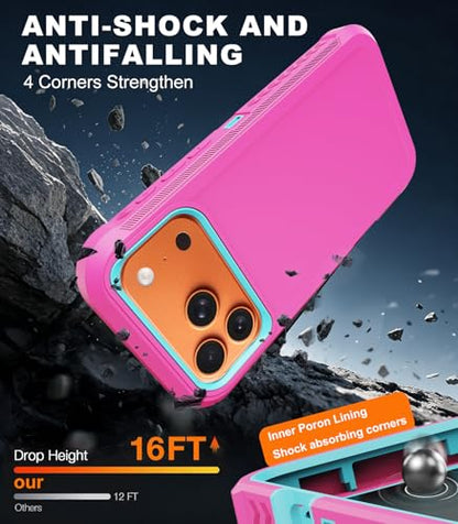for iPhone 17 Pro Max Case with Belt Clip Holster,[Compatible with MagSafe] w/Screen Protector,Anti-Drop Shockproof Heavy Duty Protective Rugged Magnetic Phone Cover,with 360°Rotating Kickstand (Pink - color: Pink