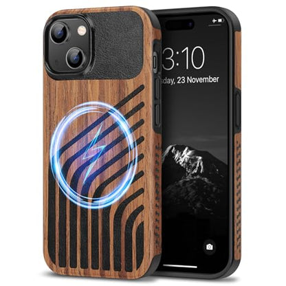 TENDLIN Magnetic Case Compatible with iPhone 15 Case Wood Grain with Carbon Fiber Texture Design Leather Hybrid Slim Cover (Compatible with MagSafe) Hairline - color: Magnetic Hairline, size: iPhone 15
