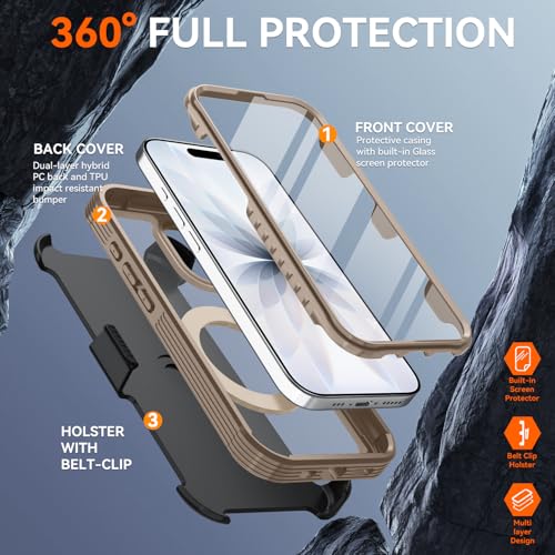 Magnetic for iPhone 17 Case, Compatible with MagSafe, Full Body Rugged Case with Built-in Screen Protector & Kickstand & Belt-Clip (Gold) - color: Gold
