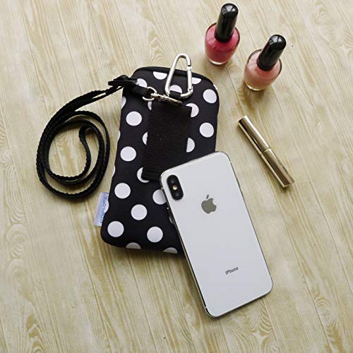 Tainada 2-Zip Neck Phone Pocket Bag w/Belt Loop (Black White Polka Dots) | For Men/Women; Water-resistant neoprene pouch, shockproof, lightweight, w/carabiner; Compatible with most of smartphones - color: Black White Polka Dots