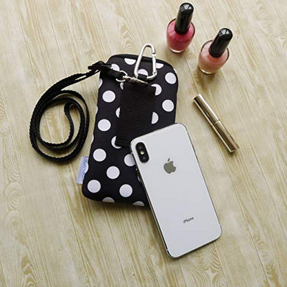 Tainada 2-Zip Neck Phone Pocket Bag w/Belt Loop (Black White Polka Dots) | For Men/Women; Water-resistant neoprene pouch, shockproof, lightweight, w/carabiner; Compatible with most of smartphones - color: Black White Polka Dots