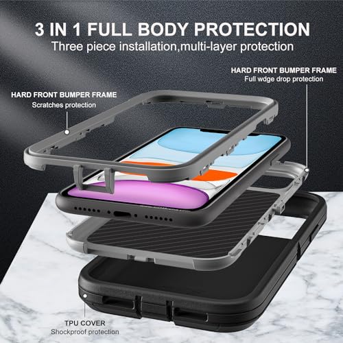 YKHJKLEC for iPhone 11 Case, Military Grade 3 in 1 Heavy Duty Shockproof/Drop Proof/Dust Proof Case with 2Pcs Tempered Glass Screen Protector (Black/Grey) - color: Black/Grey