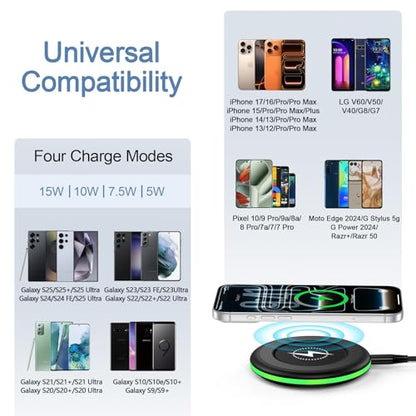 2Pack 15W Wireless Charger for Samsung S26 Wireless Charger Fast Charging Pad for Android Samsung Galaxy S26 Ultra/S25/S24/S23/S22/S21/Z Flip 7/Google Pixel 10 Pro/9a /9/8a/7a/8/7 Pro/iPhone 17/16/15