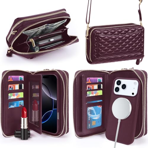 Harryshell Compatible with iPhone 17 Pro Max Case Wallet Multi Zipper Detachable Removable Cover with RFID Blocking Card Slot Holder Mirror Crossbody Strap (Compatible with Magsafe-Quilted Burgundy) - color: Compatible with Magsafe - Quilted Burgundy, siz