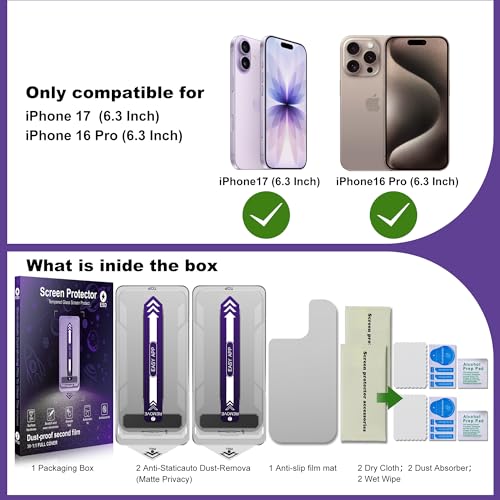 2 Pack Matte Privacy Screen Protector for iPhone 17, iPhone 16 Pro with Auto-Alignment Installer, 25° Anti-Spy, Anti-Glare, Anti-Reflection, Anti-Fingerprint, Bubble-Free Easy Install - size: iPhone 17 / iPhone 16 Pro
