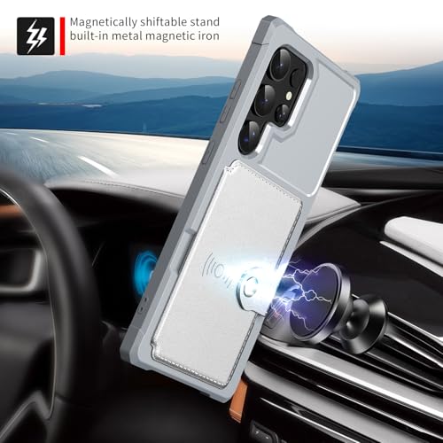 for Samsung Galaxy S21 Ultra 6.8" Case with Card Holder, Compatible with Magnetic Car Mount, Heavy Duty Shockproof Rugged Soft TPU Back Leather Flip Wallet Phone Cover, Silver - color: Silver, size: Samsung Galaxy S21 Ultra