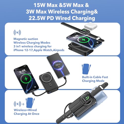 Magnetic Portable Charger 10000mAh for iPhone with Built-in Cables and Wall Plug,Wireless Power Bank with iWatch Charger,LCD Display 22.5W Fast Charging Battery Pack for iPhone 17/16/15/14/13 (Black) - color: Black