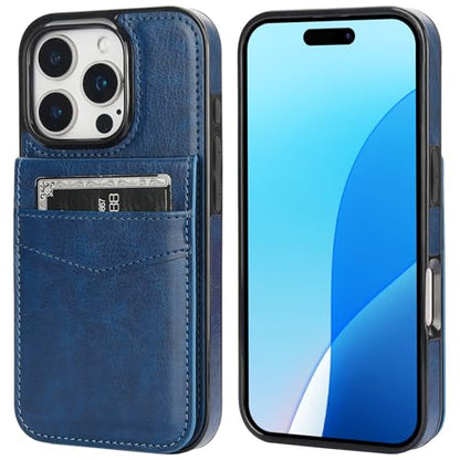 KIHUWEY for iPhone 16 Pro Wallet Case Card Holder Kickstand, Blue | Credit Card Slots, PU Leather, Magnetic Clasp, Flip Heavy Duty Protection Cover for Men and Women - color: Blue