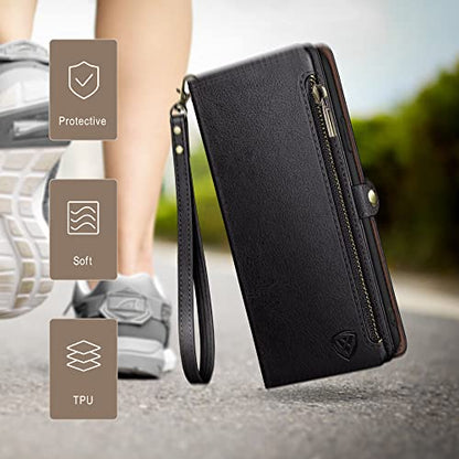 XcaseBar Compatible with ‌iPhone 16e 6.1"/17e 6.1" Wallet case with Zipper Credit Card Holder【RFID Blocking】,Flip Folio Book PU Leather Phone case Shockproof Cover Women Men for Apple 16e case Black - color: Black