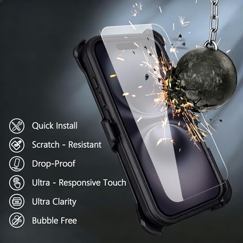 for iPhone 16 Case with Belt Clip Holster + Screen Protector, Black | Heavy Duty Drop Protection, 3-Layer Rugged Shockproof Anti-Drop Full Body Protective Case for iPhone 16 6.1 Inch - color: Black