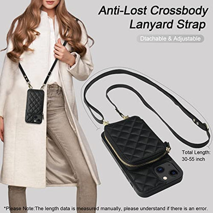 Bocasal Crossbody Wallet Case Card Holder for iPhone 13, Black | RFID Blocking PU Leather Zipper Handbag Purse, Kickstand Flip Folio Case with Card Slots Holder Wrist Strap Lanyard 6.1 Inch - color: Black