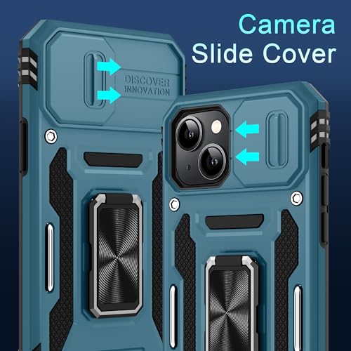 DEERLAMN Case for iPhone 15 with Slide Camera Cover + Screen Protector (2 Packs), Rotated Ring Kickstand Military Grade Shockproof Protective Cover-Light Blue - color: Light Blue