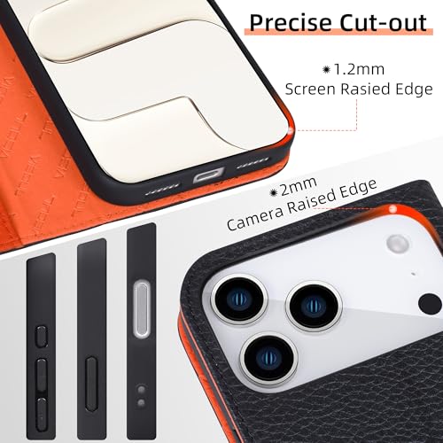 VISOUL Pebbled Genuine Leather Flip Wallet Case for iPhone 17 Pro Max 6.9" 2025, RFID Blocking Card Holders, Kickstand, Protective TPU Folio Cover - Black+Orange - color: Black+Orange