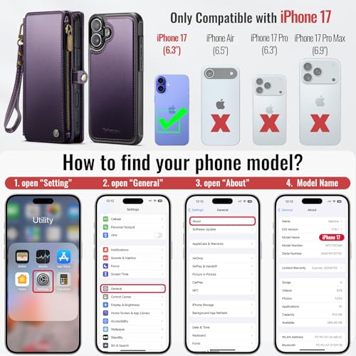 Defencase for iPhone 17 Phone Case Wallet Compatible with Magsafe, Purple | Magnetic Detachable, Drop-Proof Protective Wallet Cases Cover, with RFID Bolcking Card Holder, Zipper Strap, Soft PU Leather - color: (Detachable with Magsafe)-Purple