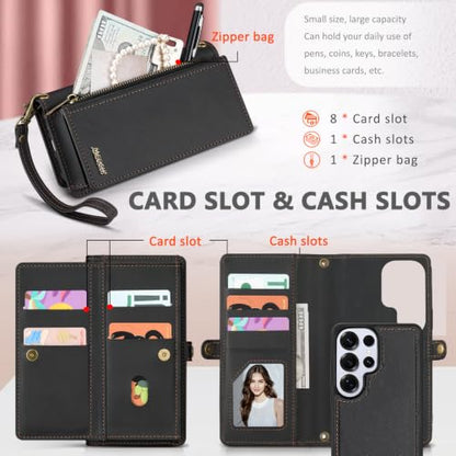for Samsumg Galaxy S25 Ultra Wallet Case, Detachable Magnetic Shockproof Phone Case,Faux Leather Crossbody Wallet,with RFID Blocking，Zipper Card Holder，Shoulder Strap (Black) - color: Black, size: Samsumg Galaxy S25 Ultra