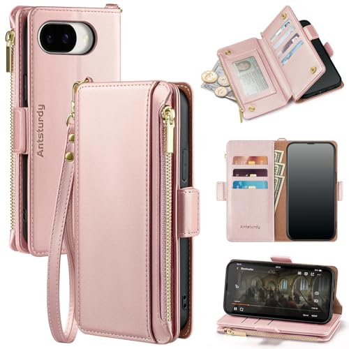 Antsturdy Compatible with Google Pixel 10a Wallet Case with Card Holder Women Men Phone Case RFID Blocking PU Leather Flip Protective Cover Wrist Strap Zipper Credit Card Slots,Rose Gold - color: Rose Gold, size: Google Pixel 10a - 6.3"