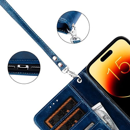 Bocasal Detachable Wallet Case Card Holder for iPhone 15 Pro, Blue | RFID Blocking Kickstand Card Slots Holder PU Leather Magnetic Shockproof Wrist Strap Removable Flip Protective Cover 6.1 inch - color: Blue
