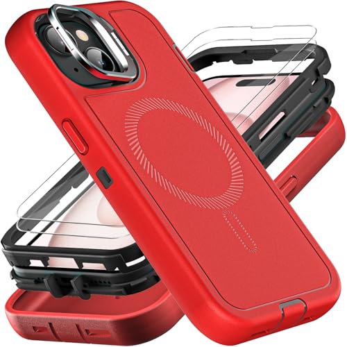 YKHJKLEC for iPhone 15 Case, Military Grade 3 in 1 Heavy Duty Shockproof/Drop Proof/Dust Proof with Kickstand Case, with 2 x Tempered Glass Screen Protector (ZJ-Red/Black) - color: ZJ-Red/Black