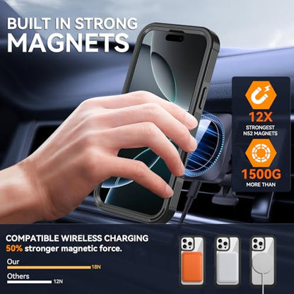 Upgraded 360° Spin Magnetic Invisible Ring Stand Case for iPhone 16 Pro Max 6.9",Compatible with MagSafe, Full Body Rugged Case with Built-in Screen Protector & Kickstand & Belt-Clip (Black) - color: Black