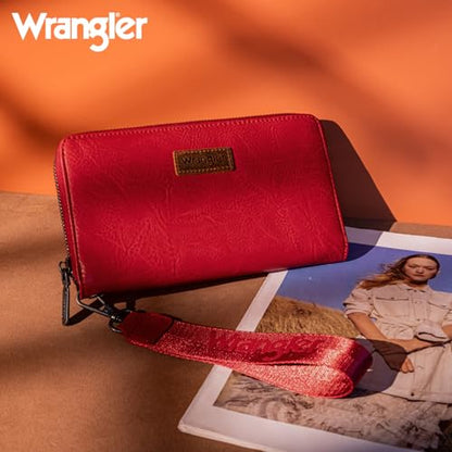 Wrangler Womens Wallet Wristlet Long Purse Designer Clutch Large Capacity Credit Card Holder for Women - color: A-Red