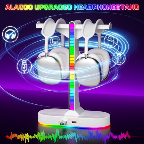 Dual Headphones Stand with Charger for Men, Headset Holder Stand for Desk - color: White