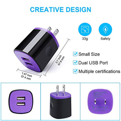 USB Wall Charger, 2Pack Travel Charging Block Cube Dual Port USB Wall Plug - color: Purple