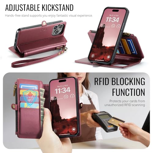 for iPhone 14 Pro Phone Case Wallet Magnetic Detachable, Burgundy - color: Burgundy, size: iPhone 14 Pro