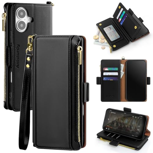 Antsturdy for iPhone 17 Phone Wallet Case Women,Black | RFID Blocking,with Credit Card Holder Slots,PU Leather Purse,Zipper Pocket,Wrist Strap Kickstand,Flip Folio Cover for Men - color: Black