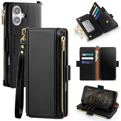 Antsturdy for iPhone 17 Phone Wallet Case Women,Black | RFID Blocking,with Credit Card Holder Slots,PU Leather Purse,Zipper Pocket,Wrist Strap Kickstand,Flip Folio Cover for Men - color: Black