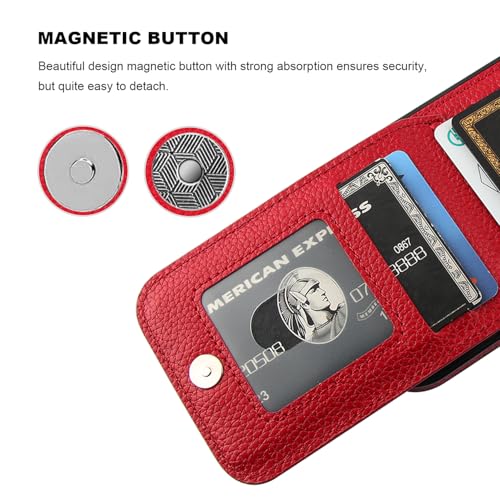 KIHUWEY for iPhone 16 Pro Wallet Case Card Holder Kickstand, Lichee Red | Credit Card Slots, PU Leather, Magnetic Clasp, Flip Heavy Duty Protection Cover for Men and Women - color: Lichee Red