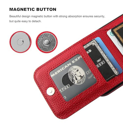KIHUWEY for iPhone 16 Pro Wallet Case Card Holder Kickstand, Lichee Red | Credit Card Slots, PU Leather, Magnetic Clasp, Flip Heavy Duty Protection Cover for Men and Women - color: Lichee Red