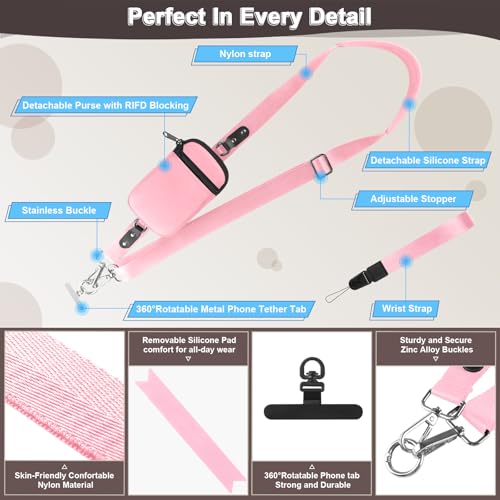 YFWE Clip and Go Strap for Phone With Wallet Crossbody (Detachable RFID Wallet) - Adjustable Phone Lanyard Crossbody with 360° Rotatable Tether Tabs for All Phones (Pink) - color: 3-pink