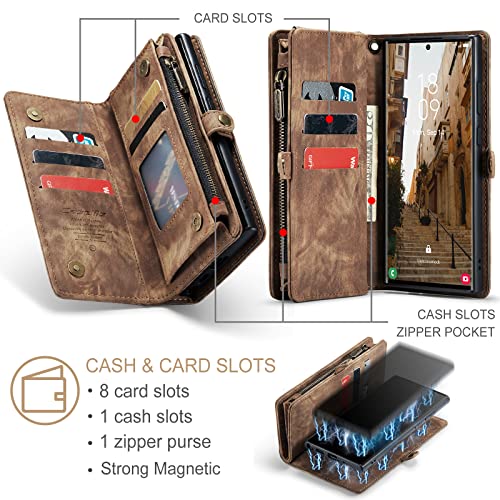 Samsung Galaxy S23 Ultra Wallet Case,Zipper Folio Leather Case Wallet with Card Holder Strap Wristlet Detachable Magnetic Protective Back Case for Samsung Galaxy S23 Ultra 5G 6.8 Inch(Brown) - color: Brown, size: S23 Ultra 5G 6.8 Inch