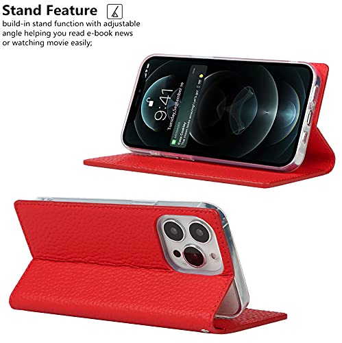 iCoverCase Compatible with iPhone 13 Pro Wallet Case, RFID Blocking Genuine Leather Magnetic Case with Wrist Strap and Card Slots Kickstand Feature Flip Cover 6.1 Inch (Red) - color: Red, size: iPhone 13 Pro