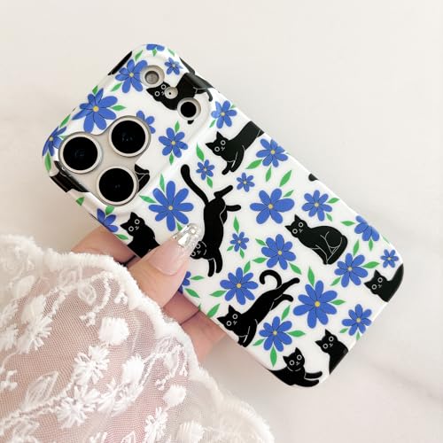 Qokey Compatible for iPhone 17 Pro Max Case 6.9", Black Cats on Garden, Frosted Texture Fingerprint-Resistant Floral Shockproof Phone Cover for Women Girls, Purple Blue Flower - color: Black Cats Purple Blue Flower