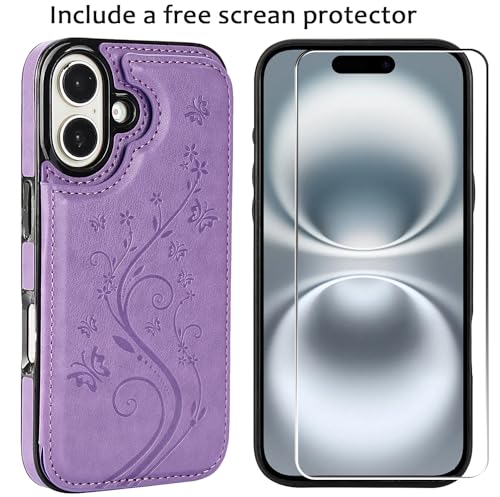 Wallet Case Compatible with iPhone 16 6.1”, Slim Protective Case with Card Holder,Premium PU Leather Kickstand Card Slots Case with Double Magnetic Clasp-Purple - color: Purple-F, size: iphone 16 6.1"