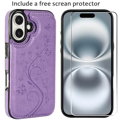 Wallet Case Compatible with iPhone 16 6.1”, Slim Protective Case with Card Holder,Premium PU Leather Kickstand Card Slots Case with Double Magnetic Clasp-Purple - color: Purple-F, size: iphone 16 6.1"