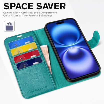 TUCCH Wallet Case for iPhone 16 (6.1") 2024, 4 Card Slots, Cyan | RFID Blocking, Viewing Stand, Shockproof TPU Shell, PU Leather, Magnetic Closure, Protective Folio Flip Cover - color: Textured Cyan