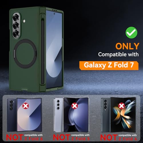 Upgraded 360° Spin Magnetic Invisible Ring Stand for Samsung Galaxy Z Fold 7 Case,[Compatible with MagSafe][S Pen Holder][Hinge Protection][Screen Protector],Shockproof Full Body Phone Cover - color: Green-1