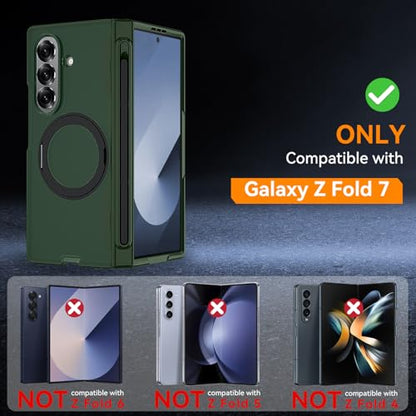Upgraded 360° Spin Magnetic Invisible Ring Stand for Samsung Galaxy Z Fold 7 Case,[Compatible with MagSafe][S Pen Holder][Hinge Protection][Screen Protector],Shockproof Full Body Phone Cover - color: Green-1