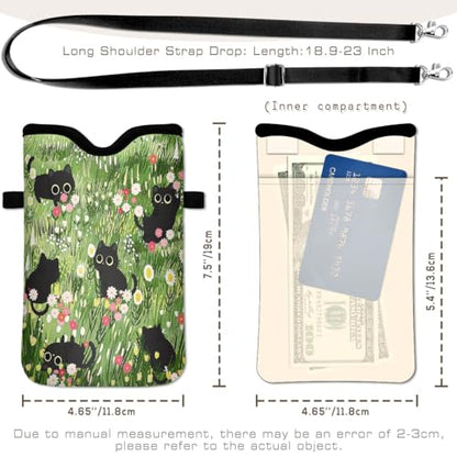 Universal Phone Sleeve Pouch with Crossbody Strap 7.6 X 4.3 Inches Shockproof Water Resistant Mobile Protection Bag-Black Cat Floral Neoprene Phone Pouch Bag - color: Black Cat Floral-Phone Pouch