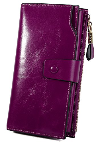 YALUXE Women's Real Leather Wallet RFID Protect 21 Card Slots Phone Pocket - color: 5- Waxed Fuchsia, size: Genuine Leather