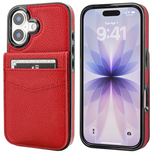 KIHUWEY for iPhone 17 Wallet Case Card Holder Kickstand, Lichee Red | Credit Card Slots, PU Leather, Magnetic Clasp, Flip Heavy Duty Protection Cover for Men and Women - color: Lichee Red