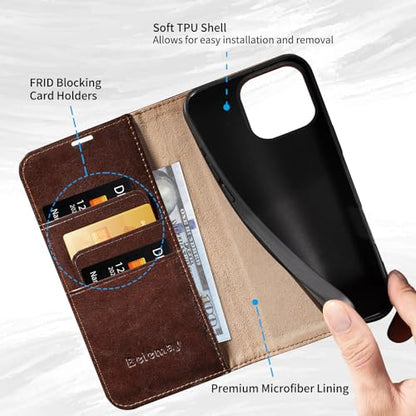 Belemay Compatible with iPhone 16 Pro Case Wallet, Durable Genuine Leather, RFID Blocking Card Holders, Shockproof TPU Shell, Kickstand, Drop Protection, Protective Flip Cover, Brown - color: Brown, size: iPhone 16 Pro